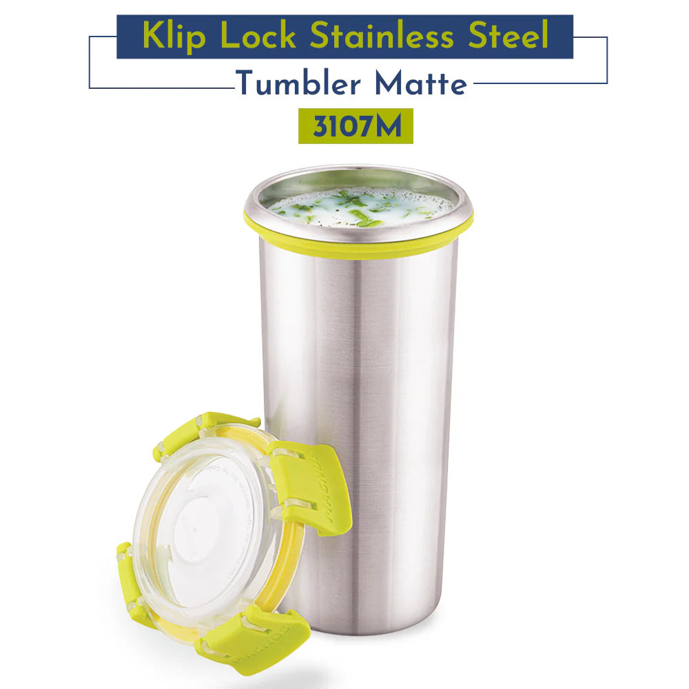 Stainless Steel Matte Klip Lock Tumbler with Lid & Straw – 500ML Leak-Proof Travel Mug for Office, Kids, Juice, Buttermilk | BPA-Free, Airtight, Dishwasher Safe