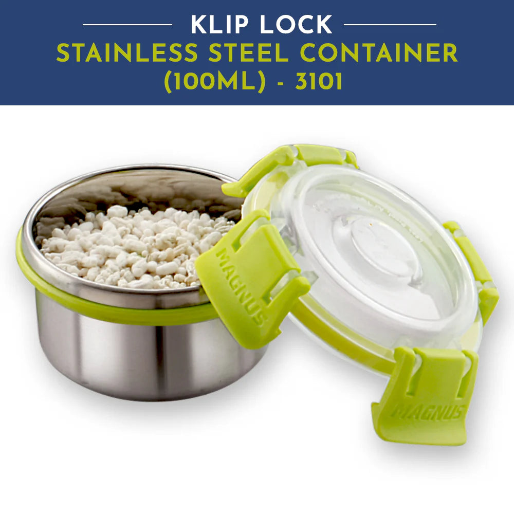 KLIP LOCK Stainless Steel Airtight Leakproof Storage Container – 100ML – Ideal for Kitchen, Lunch Box, Office, and School