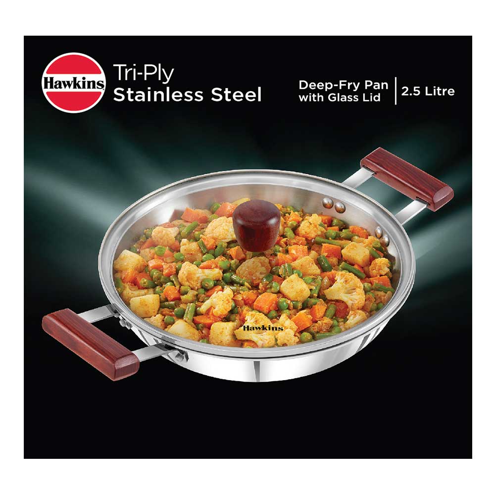 Hawkins Tri-Ply Stainless Steel Deep Fry Pan With Lid 2.5 Litre