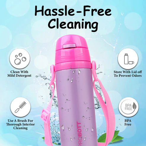 Tom 350ml Kids Vacuum Insulated Flask – Hot & Cold Stainless Steel Sipper Bottle with Straw & Strap, Pink, Leak-Proof PB 350-10