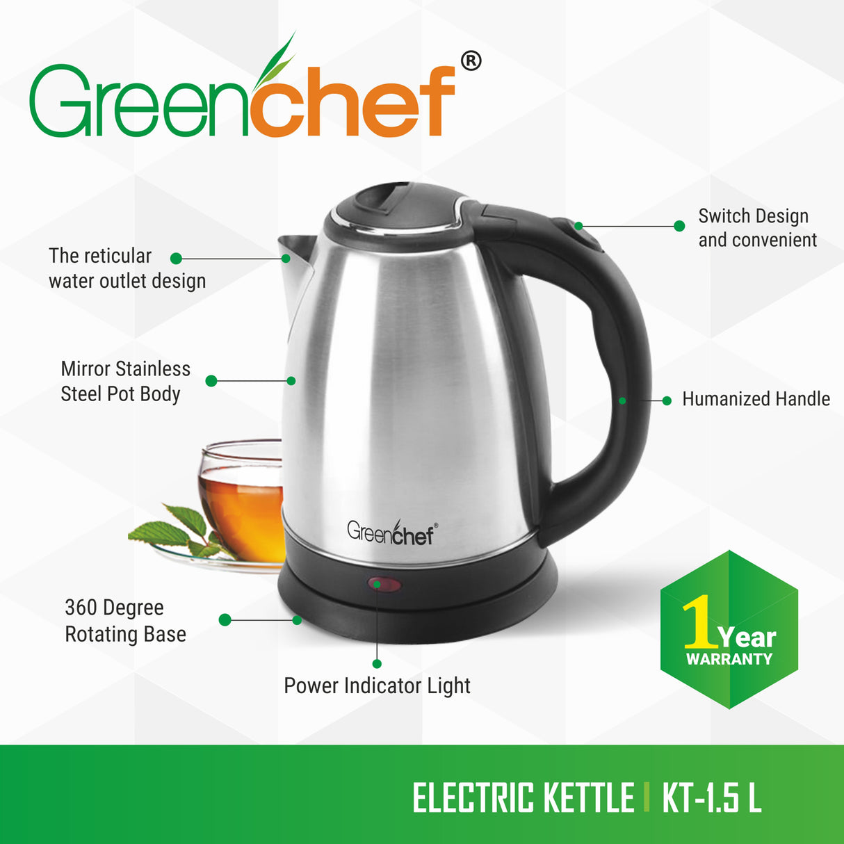 Greenchef SS Kettle 1.5ltrs