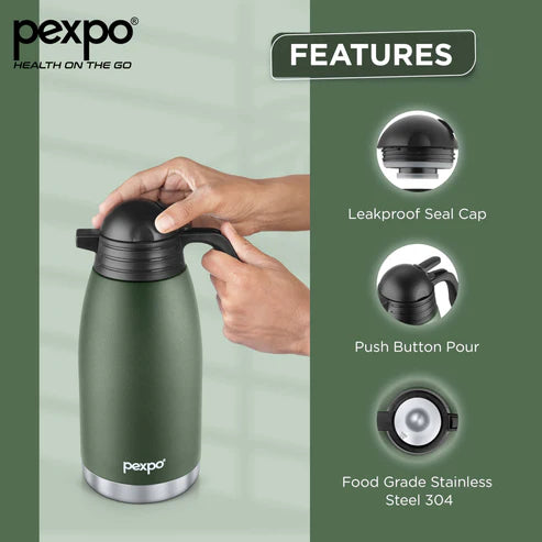 Pexpo- Stainless Steel Cosmo Carafe Vacuum Insulated (Tea pot) | 24/7 Hot & Cold 1000 ML MilitaryGreen