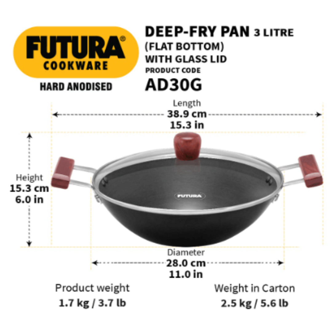 Hawkins 3 Litre Futura Hard Anodised Deep Fry Pan, With Glass Lid, Black, AD 30G
