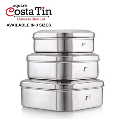 JVL Stainless Steel Square Costa Tin Shape Container Box With Steel Lid (SCS-0)