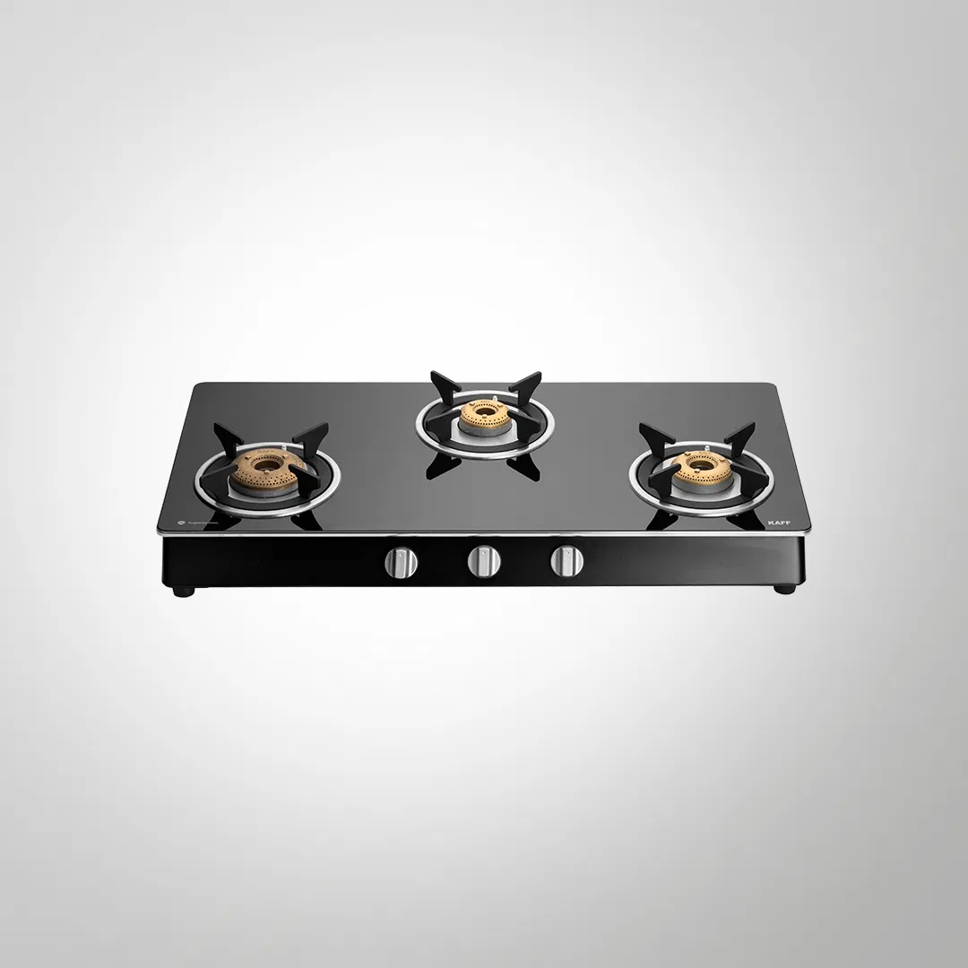CTAI 77 3B – 3-Burner Auto Ignition Gas Stove | High Safety Valves | Black Tempered Glass