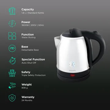 HD9383/00 Electric Kettle | 1.8L | 1800W | Stainless Steel | Detachable 360° Base | Auto Shutoff