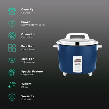 SR-WA18H(SB) 1.8L Electric Rice Cooker – Tri-Ply Stainless Steel Pan, Non-Stick Bowl, Keep Warm Function, Blue