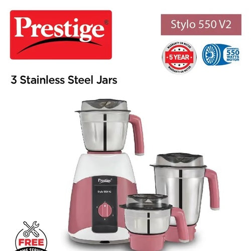 Stylo V2 Mixer Grinder 550W | 3 Stainless Steel Jars | Ergonomic Design | See-Through Lids | Sturdy Handles | Red & White