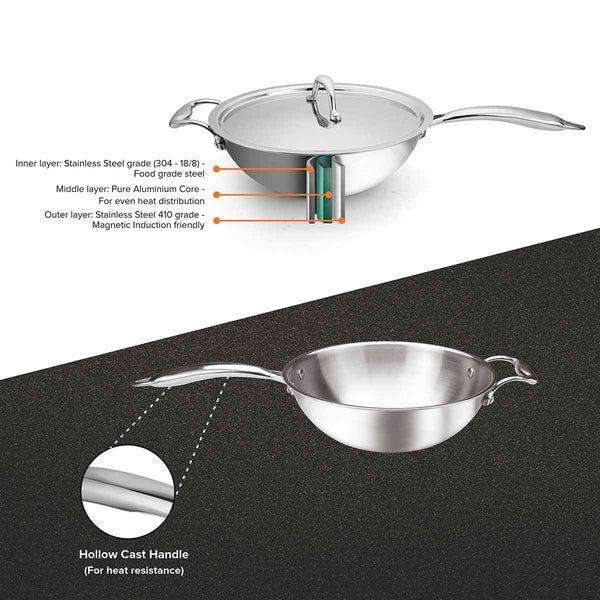 Signoraware Artista Tri-Ply Stainless Steel Induction Compatible Triply WOKPAN/DEEP FRYPAN with Stainless Steel Lid (Induction and Gas Compatible), 24cm, Capacity 2800 ml, Silver