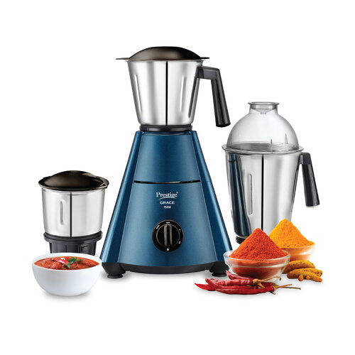 Grace Mixer Grinder 750W | 3 Stainless Steel Jars | Super Efficient Blades | Dome Shaped Lid | Blue & Black | Sturdy Handles