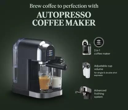Autopresso 3-in-1 Coffee Maker – 1350W Espresso, Latte & Cappuccino Machine with Milk Frother
