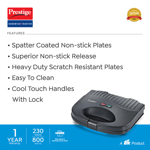 PGFSP - Spatter Coated Non-stick Sandwich Toaster with Fixed Grill Plate, Black