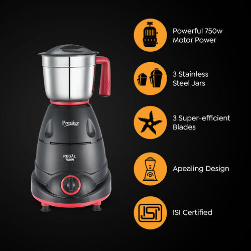 Regal Mixer Grinder 750W | 3 Stainless Steel Jars | Super Efficient Blades | Red and Black | Sturdy Handles