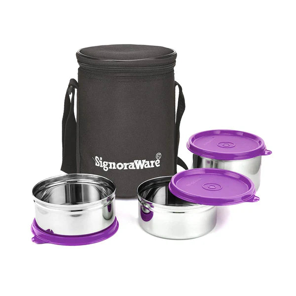 SignoraWare Executive Stainless Steel Lunch Box Set, Set of 3, Medium Available in Red, Blue, Violet, English Blue, English Green, English Magenta