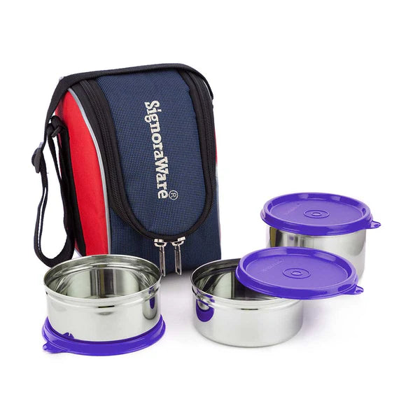 Signoraware Executive Hot Steel Medium Lunch Box Colurs Red, Blue, Violet