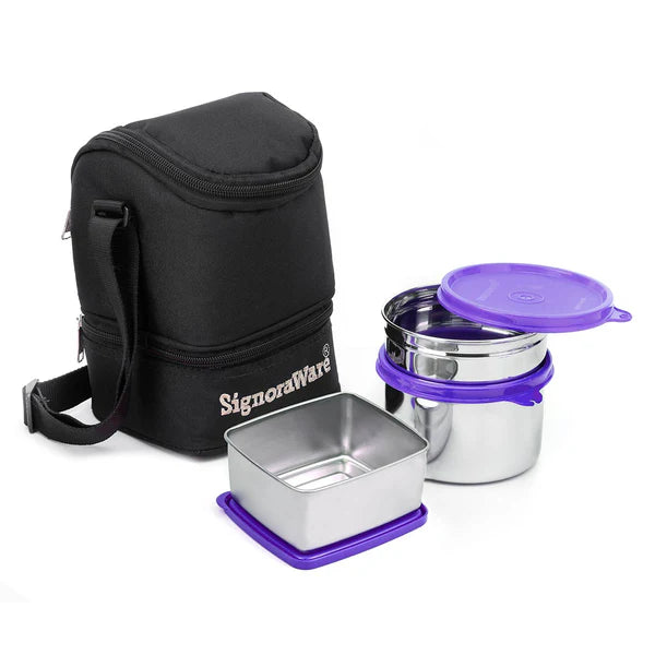 Signoraware Trio Steel Lunch Box | 500ml+600ml+200ml Color: Blue, Red, Violet