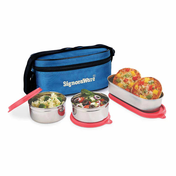 SignoraWare Double Decker Special Steel Lunch Box Bag Set of 3 Available in Red, Blue, Violet, English Blue, English Green