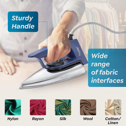 Magic Cruise 600W Dry Iron|Greblon Non-Stick Coated Sole Plate|Wide Range Of Fabric Interface|Light Weight|Neon Indicator Light | Blue & Silver