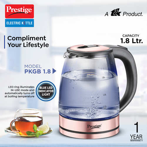 PKGB 1.8 Litre Electric Glass Kettle| LED Power Indicator| Borosilicate Glass| Automatic Power Cut-Off| Concealed Element| 360 Degree Swivel| Cool Touch Handle