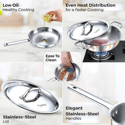 Tri-Ply Stainless Steel 3 Piece BYK Cookware Set| Fry Pan 24cm (1.7L), Kadai 24cm (2.7L) with SS Lid, Sauce Pan 16cm (1.5L)| Even Heat Distribution| Gas and Induction Compatible 38546