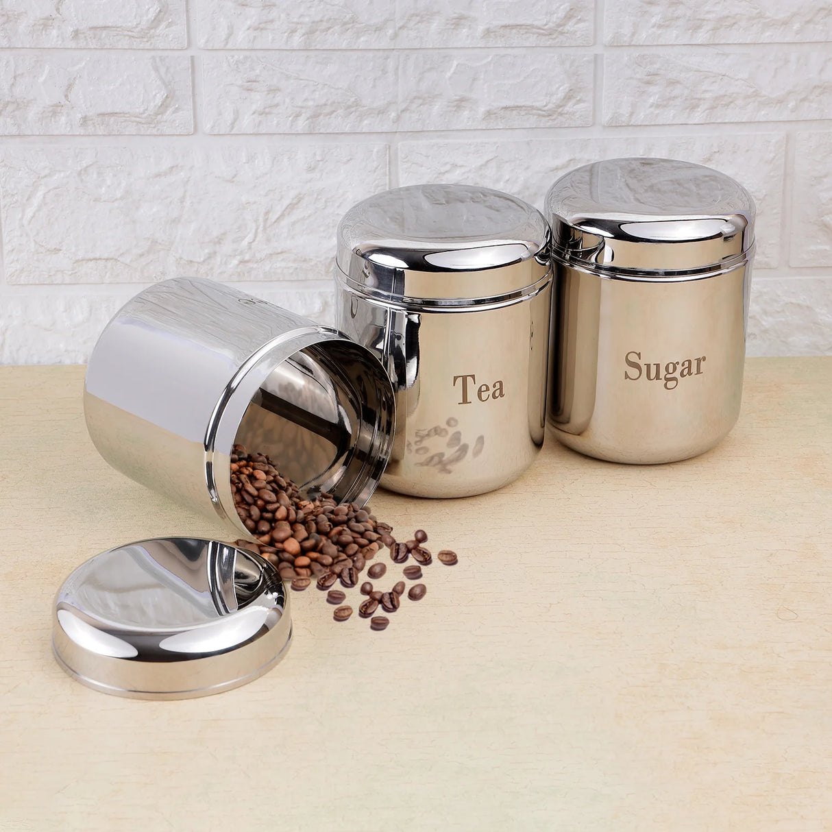 Prime Steel Tea Coffee & Sugar Container - 700 (Pack of 3, Silver)