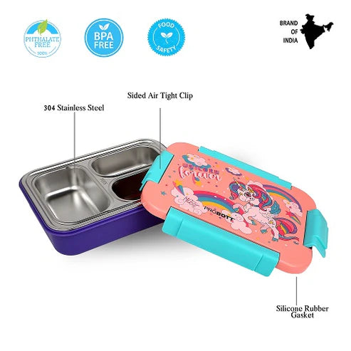Lunch On 710ml Stainless Steel Lunch Box | 3 Compartment Tiffin with Leak-Proof Character Lid | BPA-Free Food Grade | Perfect for School & Office | PBH 6033