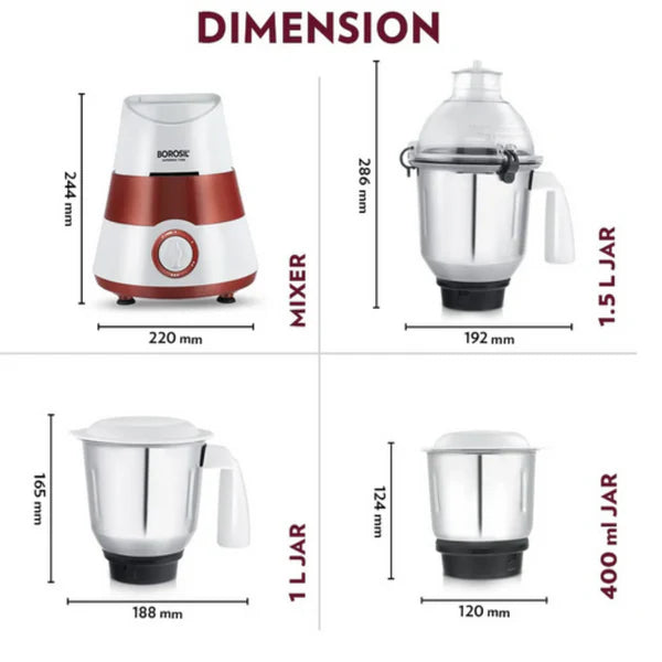 Borosil Supermax Mixer Grinder - Red 750 W, 3 Jars