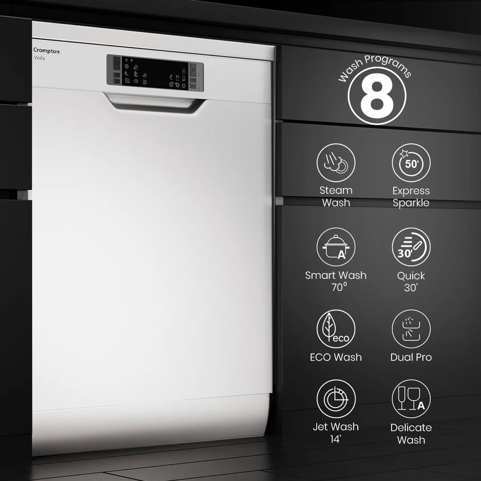 Voila 13 Place Setting Freestanding Dishwasher with Steam Wash, Turbo Drying & Hygiene Wash