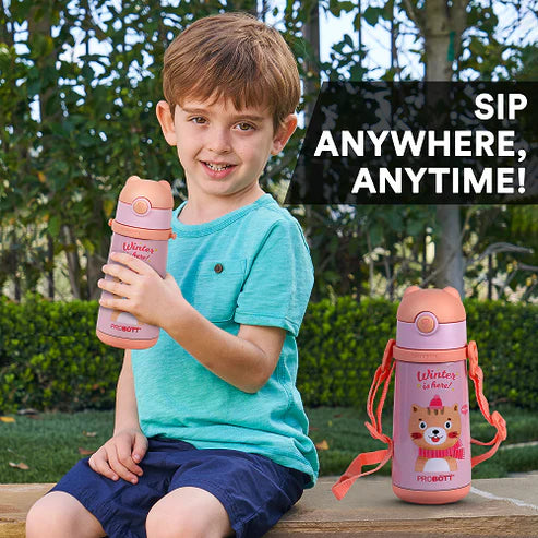 School Champ 370ml Sipper Bottle for Kids with Straw & Carry Strap, Pink | Stainless Steel Hot & Cold Water Bottle | PB 370-01