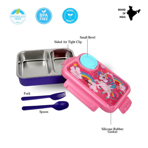 Fun Time 750ml Stainless Steel Lunch Box | 3-Grid Tiffin with Extra 80ml Bowl | Leak-Proof & BPA-Free | Ideal for School & Office | PBH 6026