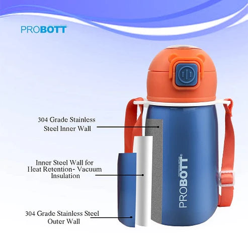 Cutie 320ml Kids Sipper Water Bottle – Stainless Steel Hot & Cold Vacuum Flask with Push Button Locking System, Blue | PB 320-03