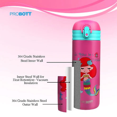 Probott Dazzle 400ml Kids Sipper Water Bottle – Stainless Steel Hot & Cold Vacuum Flask with Push Button Locking System, Pink | PB 400-03
