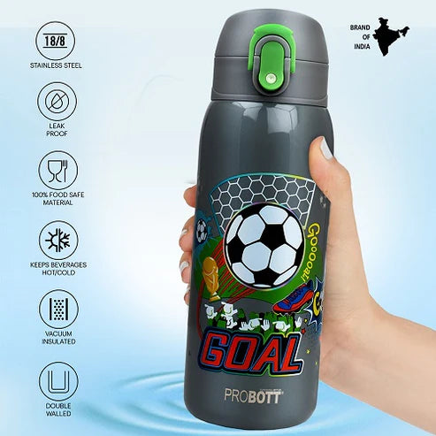 Champ 390ml Kids Thermos Flask – Stainless Steel Vacuum Insulated Water Bottle with One-Click Flip Lid, Leak-Proof, Grey | PB 390-02