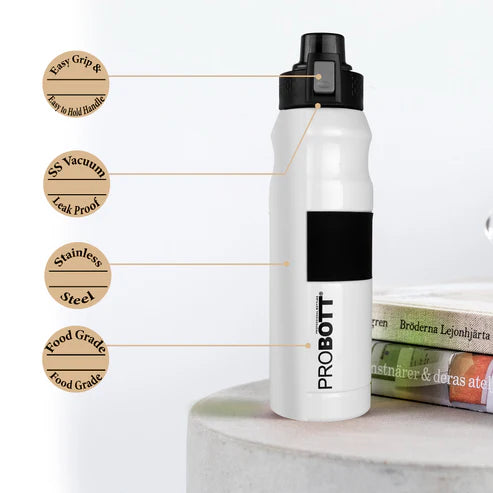Bloom 680ml Thermos Flask Bottle, Stainless Steel Vacuum Insulated Hot & Cold Water Bottle | Push Button Flip Top Cap | Leak-Proof | White | PB 680-01