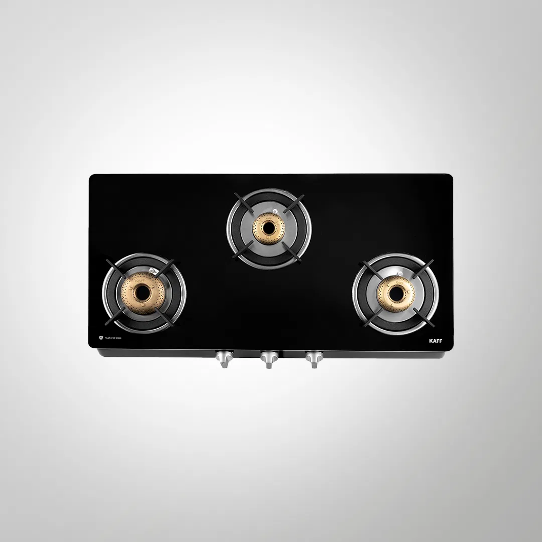 CTAI 77 3B – 3-Burner Auto Ignition Gas Stove | High Safety Valves | Black Tempered Glass