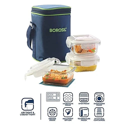 Borosil Glass Lunch Box - Microwave Safe Office Tiffin, ICY22SD3320, 320 ml (Set of 3)