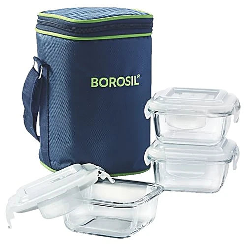 Borosil Glass Lunch Box - Microwave Safe Office Tiffin, ICY22SD3320, 320 ml (Set of 3)
