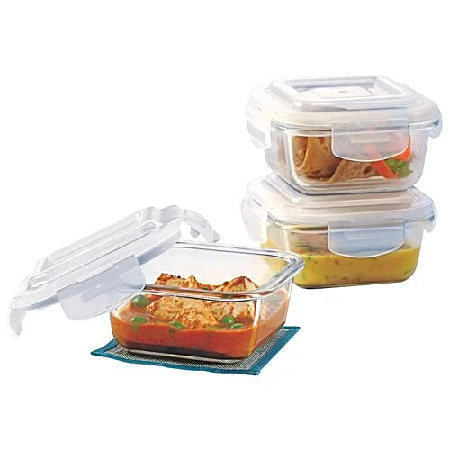 Borosil Glass Lunch Box - Microwave Safe Office Tiffin, ICY22SD3320, 320 ml (Set of 3)