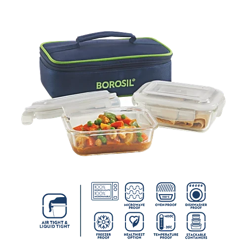 Borosil Borosilicate Glass Lunch Box/Tiffin Box, 370 ml (Set of 2)