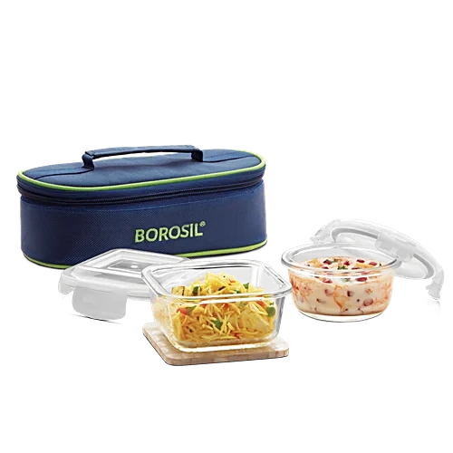 Borosil Eateasy Borosilicate Glass Lunchbox with Bag | 2 pc Square Container Set (320 ml Each) | Microwave & Dishwasher Safe, Leakproof | Tiffin for Office, School, College | Transparent, Horizontal