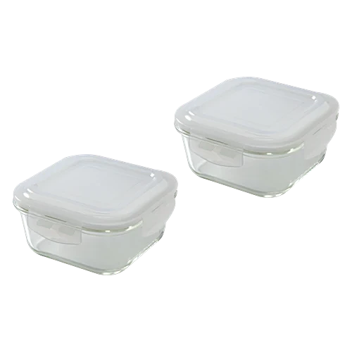 Borosil Eateasy Borosilicate Glass Lunchbox with Bag | 2 pc Square Container Set (320 ml Each) | Microwave & Dishwasher Safe, Leakproof | Tiffin for Office, School, College | Transparent, Horizontal