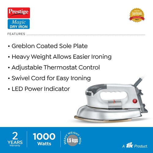 PDI 06 Dry Iron 1000 W with Greblon Coated Sole Plate (Silver)