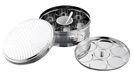 JVL Stainless Steel Kitchen Storage Spice tin Set Designer Lid with Seven Bowls - (200 ml Each, Medium) DST-2