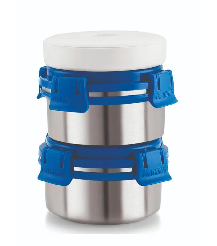 Aura 2 Deluxe Stainless Steel Lunch Box with Insulated Cover | Airtight & Leakproof Design | Blue Lunch Box for Kids & Office Men and Women