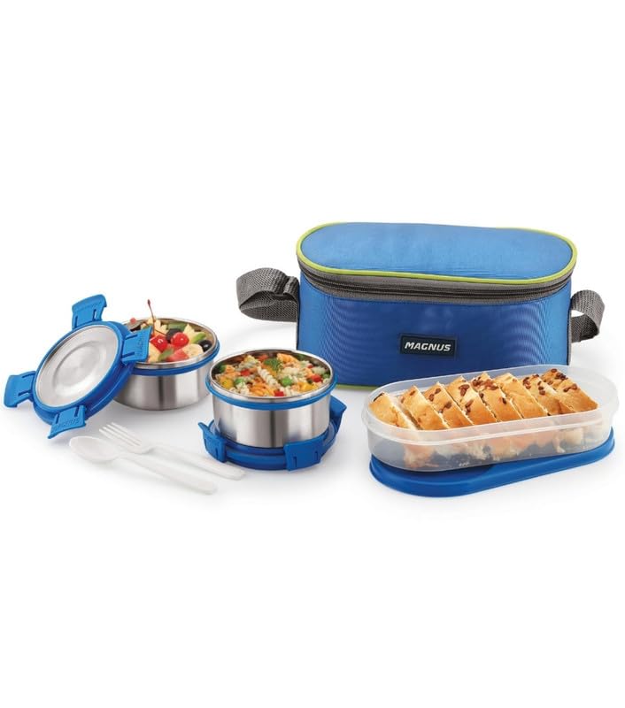 Avanza 3 Deluxe Stainless Steel Lunch Box with Plastic Container | Airtight & Leakproof | Includes Carrying Pouch – Ideal for Office Men, Women & Kids