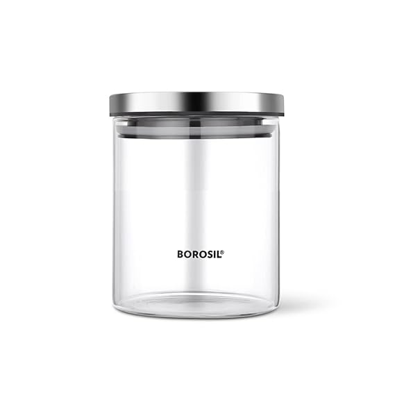 Borosil Classic Glass Jar, Air-Tight Storage Container For Kitchen, Glass Jar For Storing Spices, 600 ml, Clear