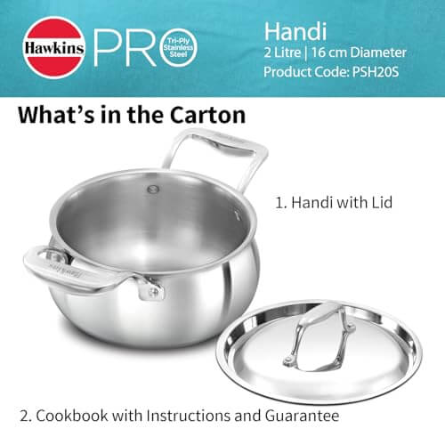 Hawkins Pro 2L Triply Stainless Steel Handi with Lid - Cooking & Serving Pan (PSH20S)