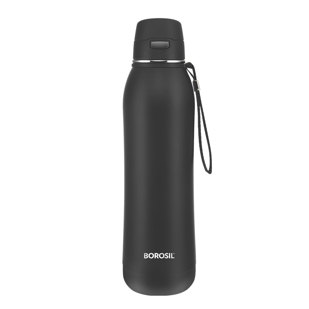 Rivera Black 600ML Hot & Cold Stainless Steel Bottle | Press-to-Open Lid, Double Wall Vacuum Insulated | BT6008K128