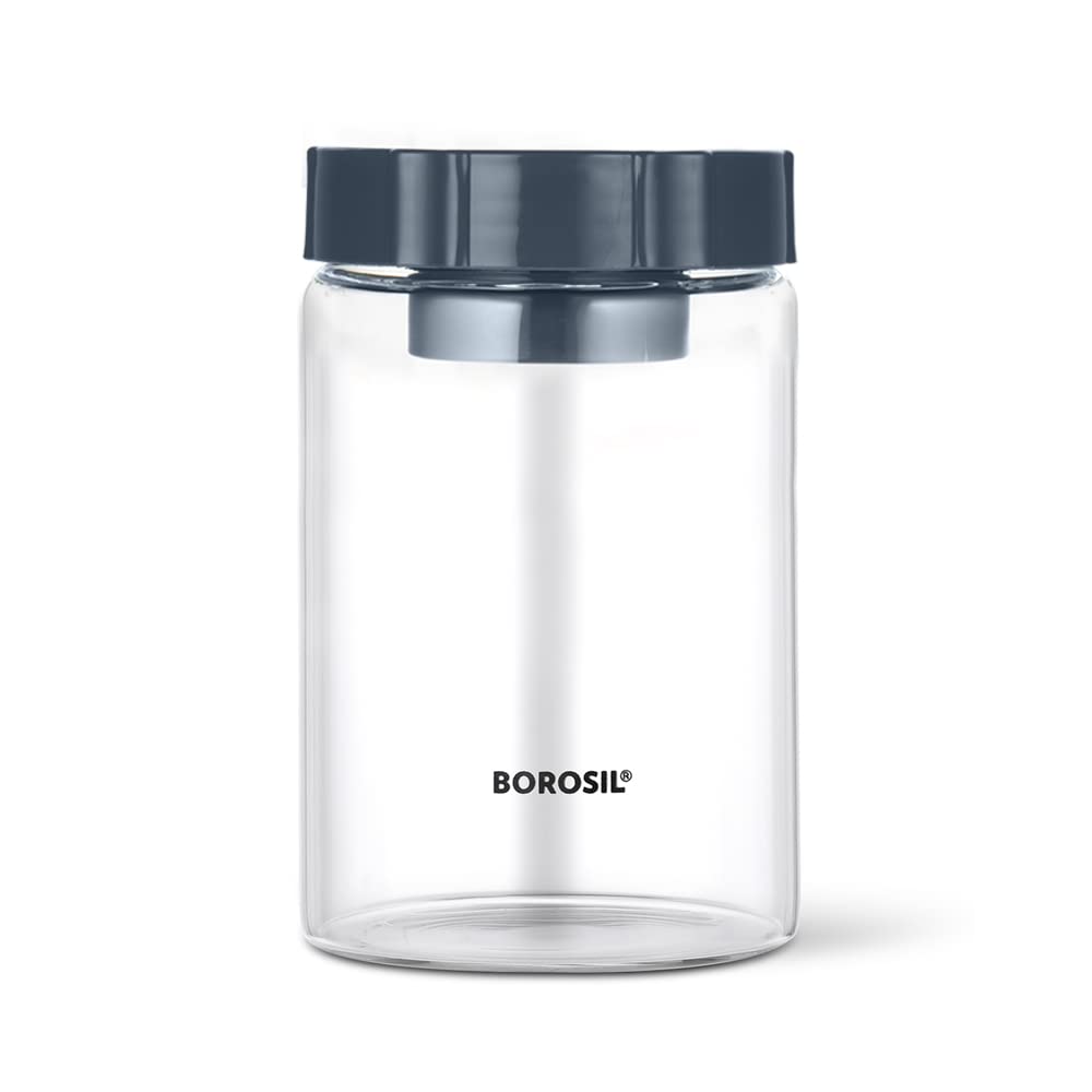Borosil Easyscoop Endura 900 ml Glass Jar With PP Lid & Scoop Cup, Air-Tight Storage Container For Kitchen, Glass Jar For Storing Spices, Dals, Grains, Rice, Clear With Grey Lid, Round
