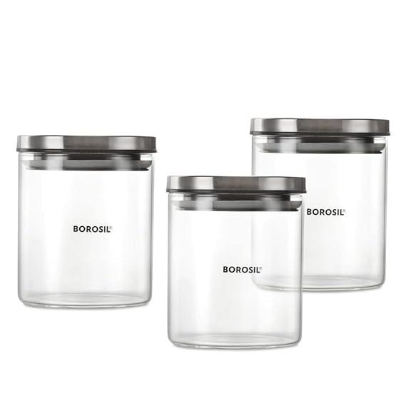 Borosil Classic Glass Jar with Wooden Tray, Air-Tight Storage Container For Kitchen, Glass Jar For Storing Spices, Snacks, Grains, Dals, Set of 3 (600 ml each) with Wooden Tray, Clear